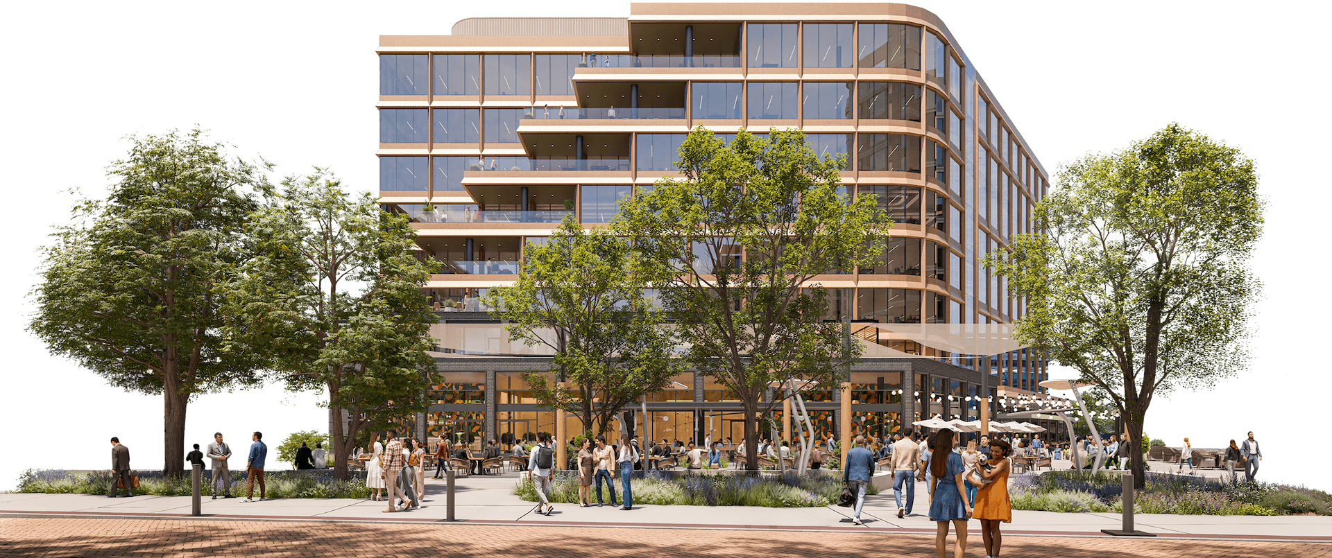 A render of the One Cherry Creek west facade and plaza